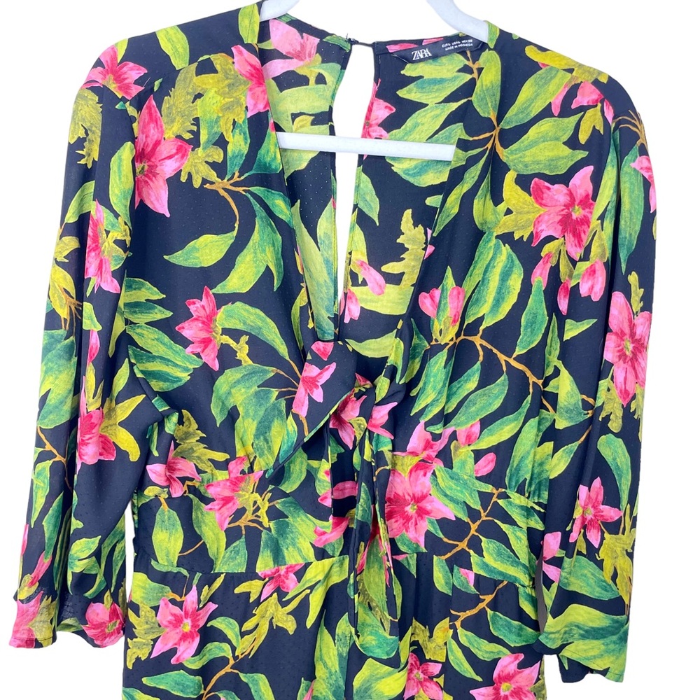 ZARA Tropical Print Jumpsuit Black,  Green, Pink Hibiscus - Picture 8 of 13